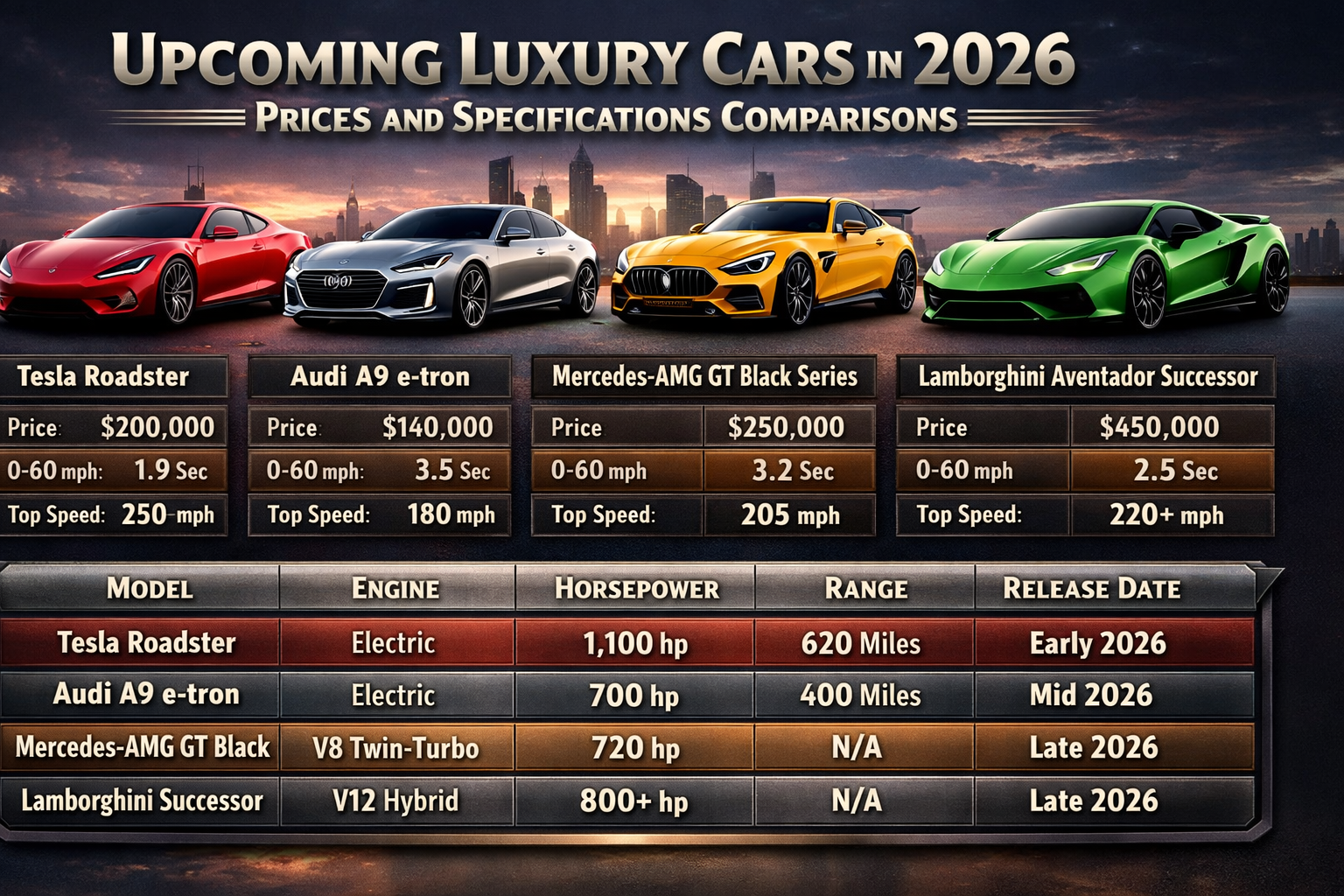 Upcoming Luxury Cars in 2026 prices and specifications comparisons